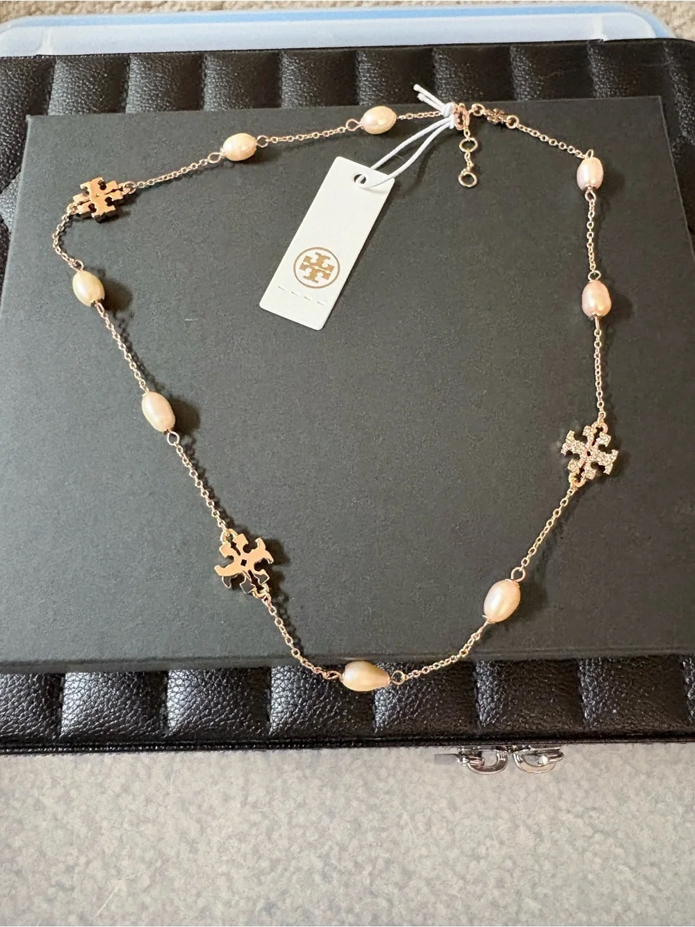 Tory Burch Rose Gold Logo & Blush Pearl Station Necklace